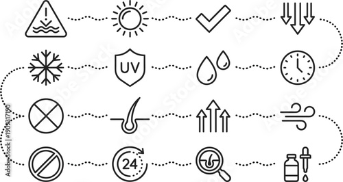 Product Protection, Weather Warning, and Specification Icon Set: UV Protection, Hair, Sun, Water Drop, Temperature, Check Mark, Time, Wind, and Line Icons.