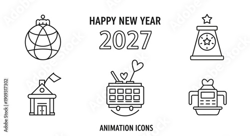 Happy New Year 2027 Animation Icons Set: Celebration, Countdown, Festive Symbols