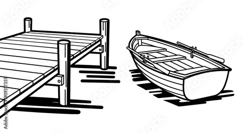 Wooden rowboat floating next to a wooden pier dock, black and white vector illustration, minimalist nautical scene.