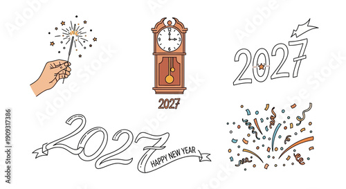 Happy New Year 2027 Celebration Elements: Sparkler, Clock, Confetti, and Text