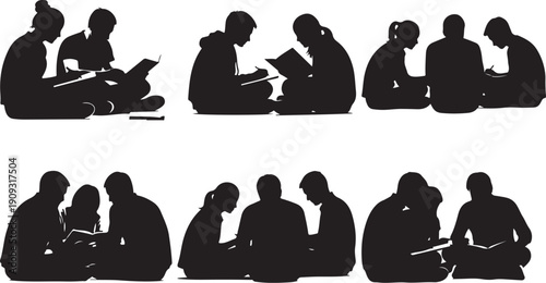 Silhouettes of people reading and studying together in groups