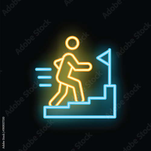 Businessman climbing career ladder neon sign icon on black background