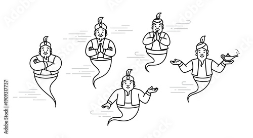 Genie Characters Collection: Five Magical Beings in Different Poses with Magic Lamp