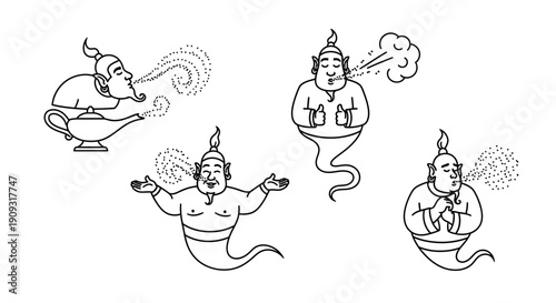 Genie Emerging from Lamp and Floating, Magical Spirit, Fantasy Character
