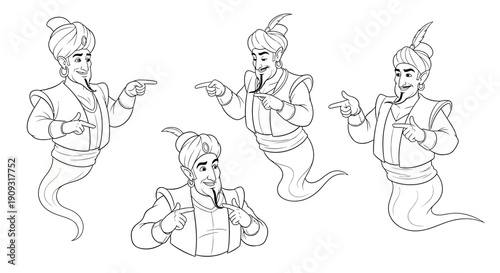 Genie Characters Collection, Fantasy Arabian Nights Characters, Outline Drawing
