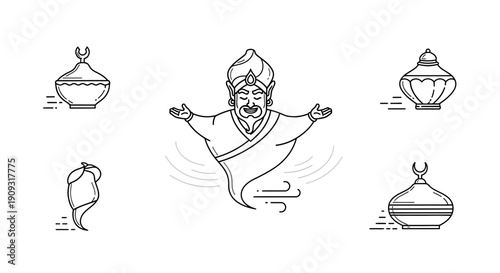 Genie Emerging from Lamp with Magic Objects, Arabian Nights Fantasy