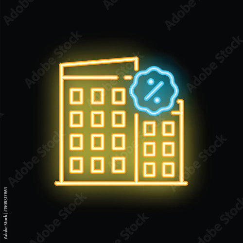 Glowing neon icon of an apartment building showing percentage sign representing discount for renters