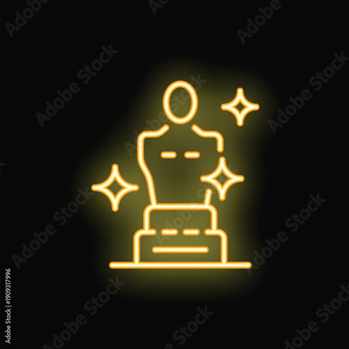 Neon icon of golden award statue shining on dark background