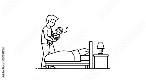 Father putting sleeping baby to bed in bedroom, lullaby, parenting, bedtime routine, illustration