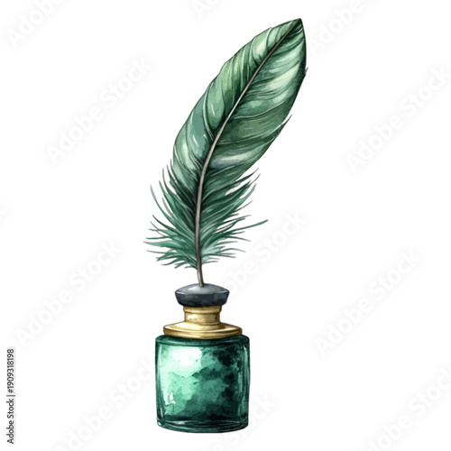 Watercolor Emerald Green Ink Bottle with Feather Quill Pen Illustration