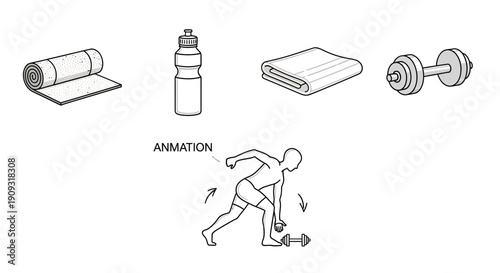 Fitness equipment and animated man exercising with dumbbells, yoga mat, water bottle, towel