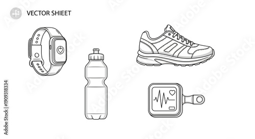 Fitness Gear Icons: Running Shoe, Water Bottle, Smartwatch, Heart Rate Monitor