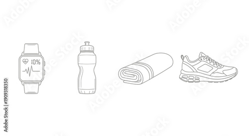 Fitness Gear Line Art: Smartwatch, Water Bottle, Towel, and Sneaker