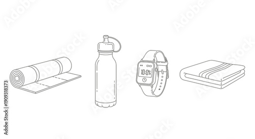 Fitness Gear: Yoga Mat, Water Bottle, Smartwatch, Towel - Healthy Lifestyle Icons