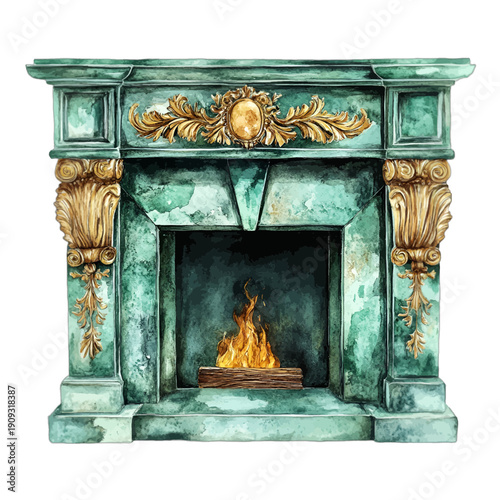 Ornate Emerald Green Marble Fireplace with Gold Accents and Burning Fire
