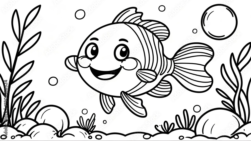 Obraz premium Cute Fish Swimming Underwater Coloring Page for Kids Line Art Illustration