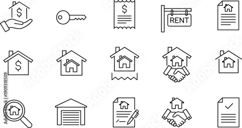 Real Estate, Property Management, and Housing Thin Line Icon Set: House for Sale or Rent, Home Key, Handshake Deal, Garage, and Mortgage Contract Vector Graphics