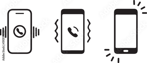 Vibration and ringing phone icon set with signal and notifications, vector line icons