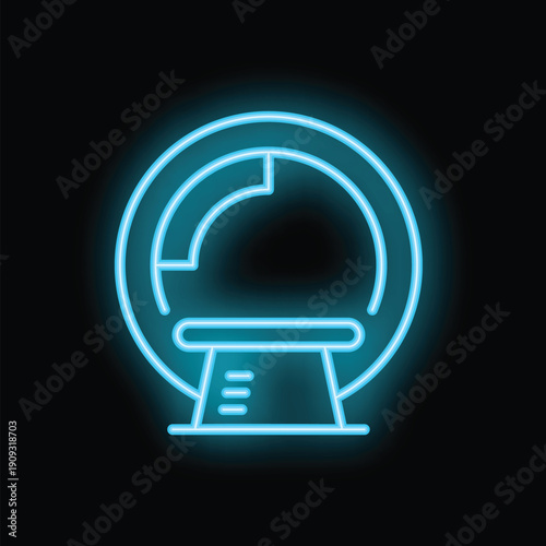 Blue neon icon of a ct scan machine glowing on black background, representing medical imaging and diagnostics