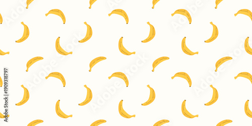 Vector seamless pattern featuring ripe yellow bananas on white background. Flat cartoon style hand-drawn illustration. Repeatable tropical fruit background for textile, wallpaper, and wrapping paper.