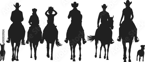 Cowboy and cowgirl riders silhouettes on horseback vector set with western characters and dogs, black figures isolated on white background for country design