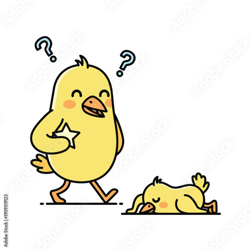 Cartoon chick thinking about lost sibling with confused expression and copy space