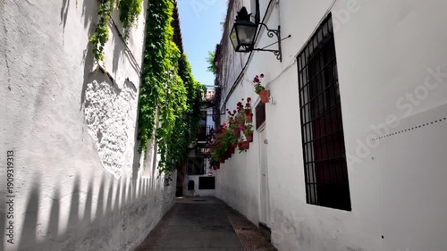 POV walking shot entering the vast Patio de Crucero courtyard through a historic stone archway at the Alcázar de los Reyes Cristianos fortress in Cordoba, Spain.