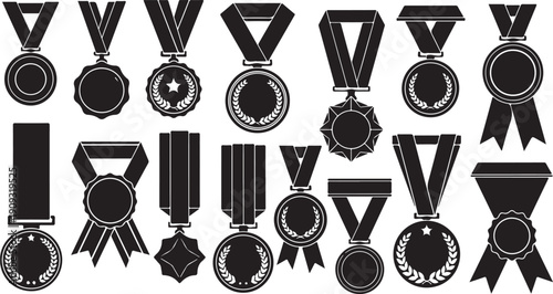 Collection of various award medals and ribbons icons set