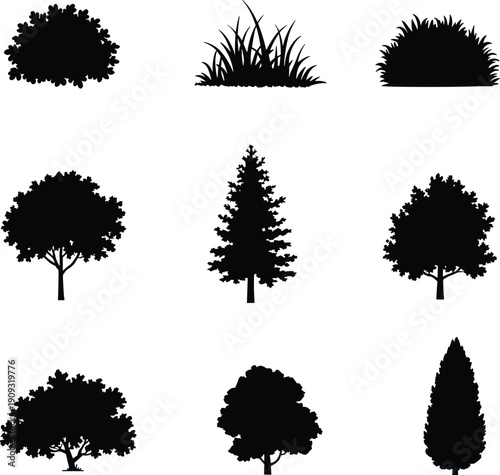 Collection of black silhouette trees and bushes against white background tree silhouette