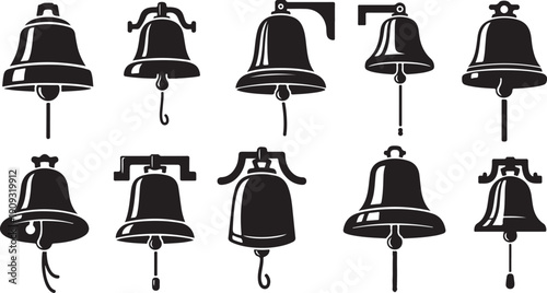 Collection of Various Bells in Black and White Silhouette