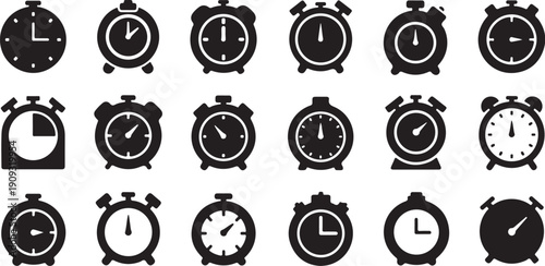 Collection of various alarm clocks and time icons black