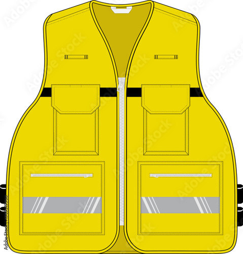 Yellow hi-vis safety vest technical flat sketch, reflective workwear waistcoat with front and back view