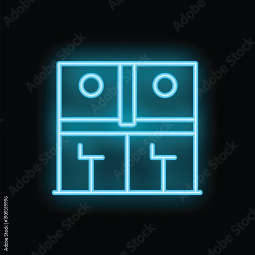 Blue glowing neon icon of a double decker train car with four passenger seats