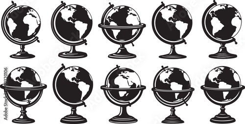 Black and white globe illustrations on white background set