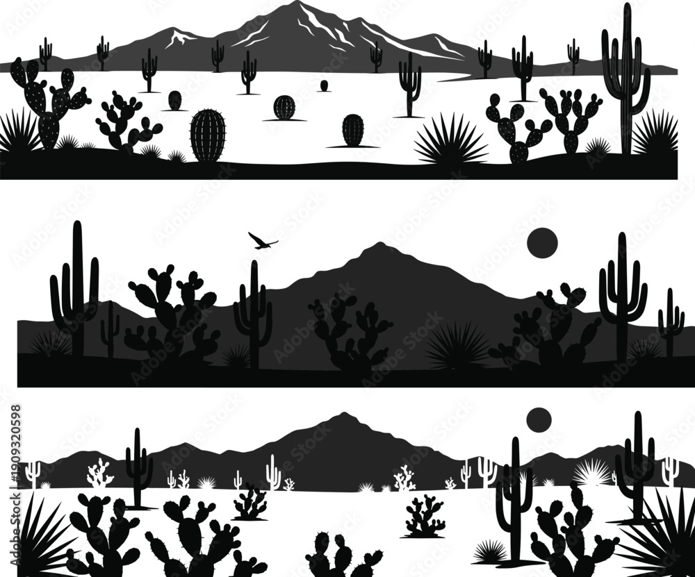 Obraz premium Desert landscape silhouette collection with saguaro cactus prickly pear and mountains for