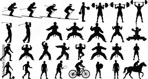 Collection of black silhouettes of athletes engaged in various sports and fitness activities