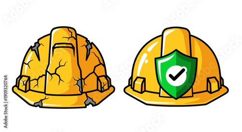 Two yellow hard hats, one damaged and worn, the other intact with a green shield and checkmark, symbolizing safety and protection in a workplace setting viewed from the front