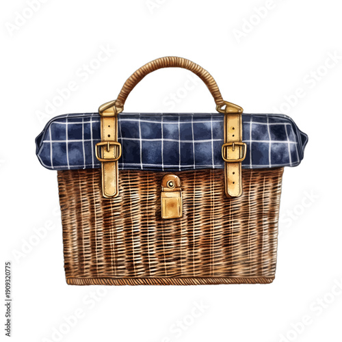 Vintage watercolor wicker picnic basket with blue grid fabric lid
