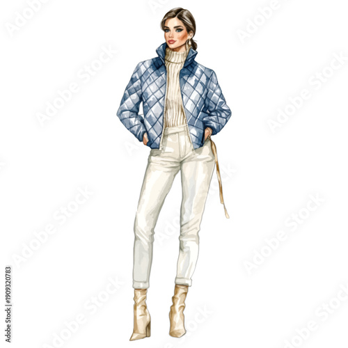 Watercolor fashion woman in blue quilted puffer jacket and cream pants