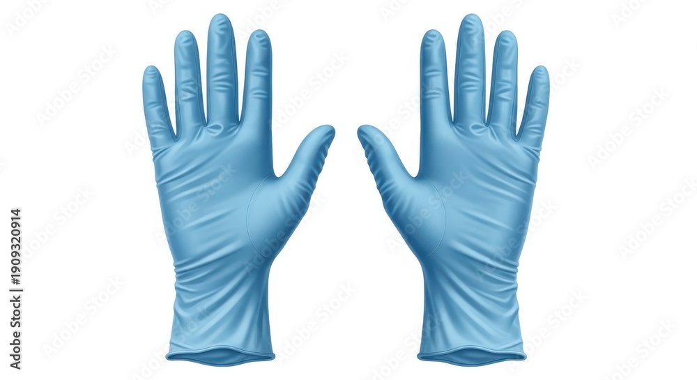 Fototapeta premium Blue nitrile gloves on white background in sterile clean lighting for medical use