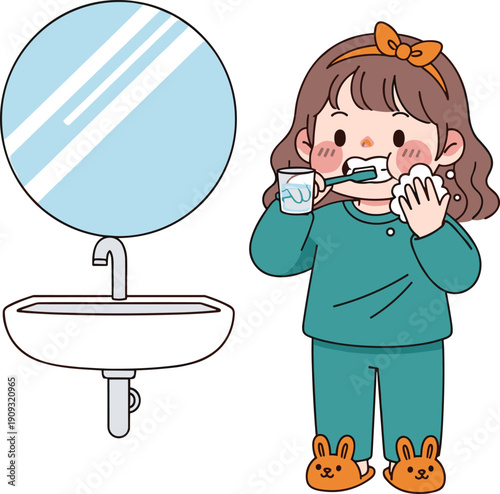 Cartoon girl brushing teeth in pajamas with sink and mirror toothbrush toothpaste