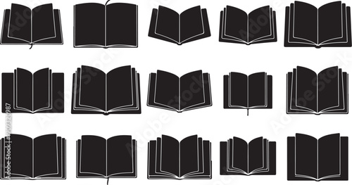 Collection of black open and closed book illustrations