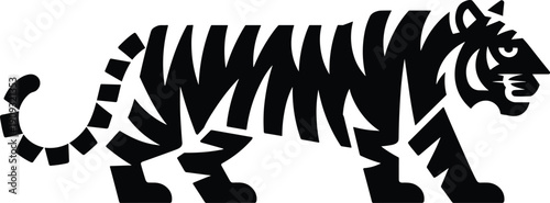 Abstract black and white tiger silhouette illustration with geometric stripes, creative animal art design for wildlife, nature, and artistic concepts