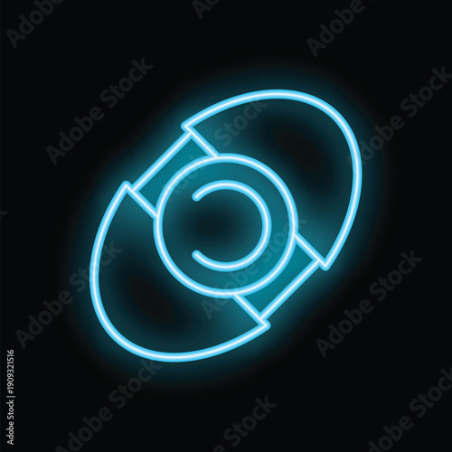 Glowing neon blue icon of a smart contact lens, illuminating the dark background