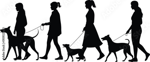 Black silhouette of people walking dogs on leashes, outdoor pet activity, casual lifestyle, companionship, canine care, social bonding design.