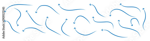 Doddle arrow set, collection of hand drawn arrows, Arrow mark icons. Blue and white illustration