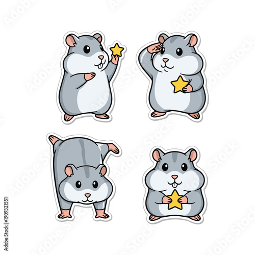 Cute cartoon hamsters with stars in various poses on white background