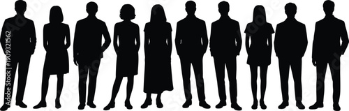 Black silhouette vector illustration of diverse group of professionals standing in formal business attire representing teamwork, corporate identity, and organizational unity