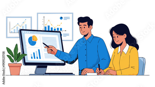 Professional business team analyzing financial data on computer screen, presenting growth charts and reports, a modern vector illustration