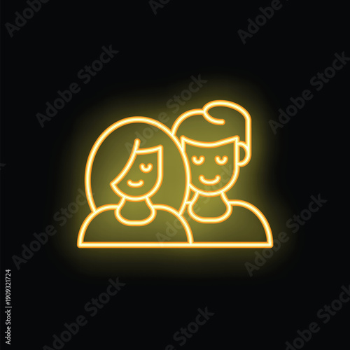 Yellow neon icon of a man and woman with closed eyes, showing a feeling of happiness and peace